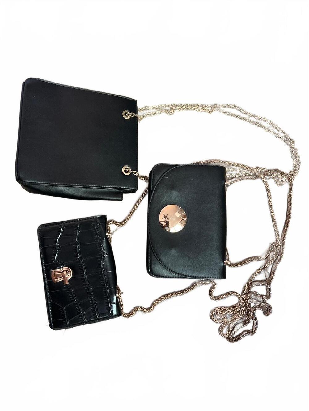 Set of 3 Black Mini Crossbody Bags with Gold Chain Straps